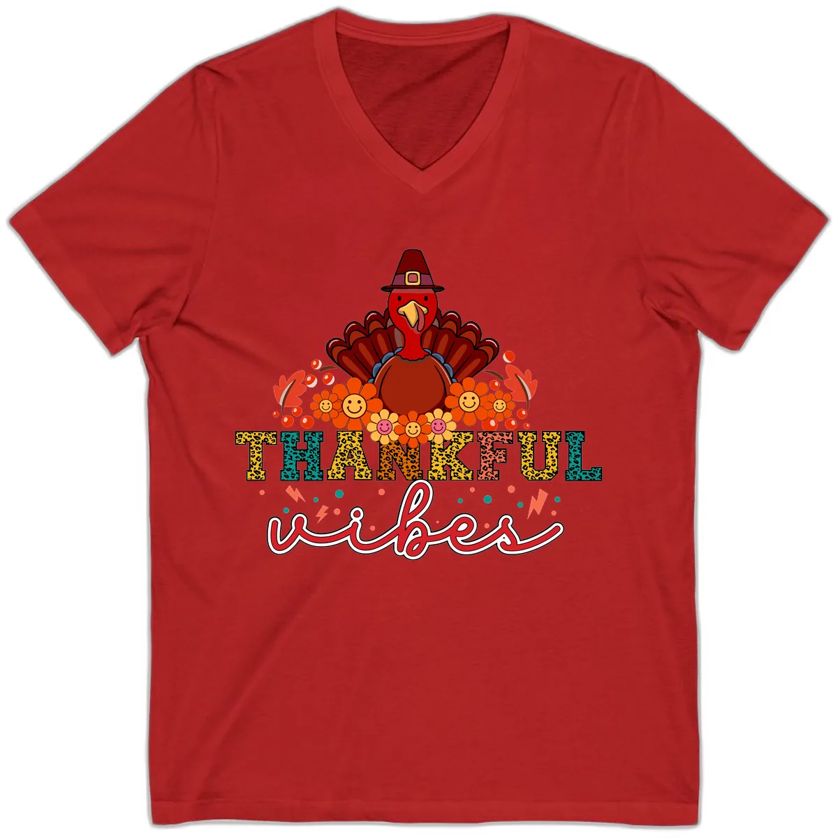 Turkey Vibes Thanksgiving Design V-Neck in Red